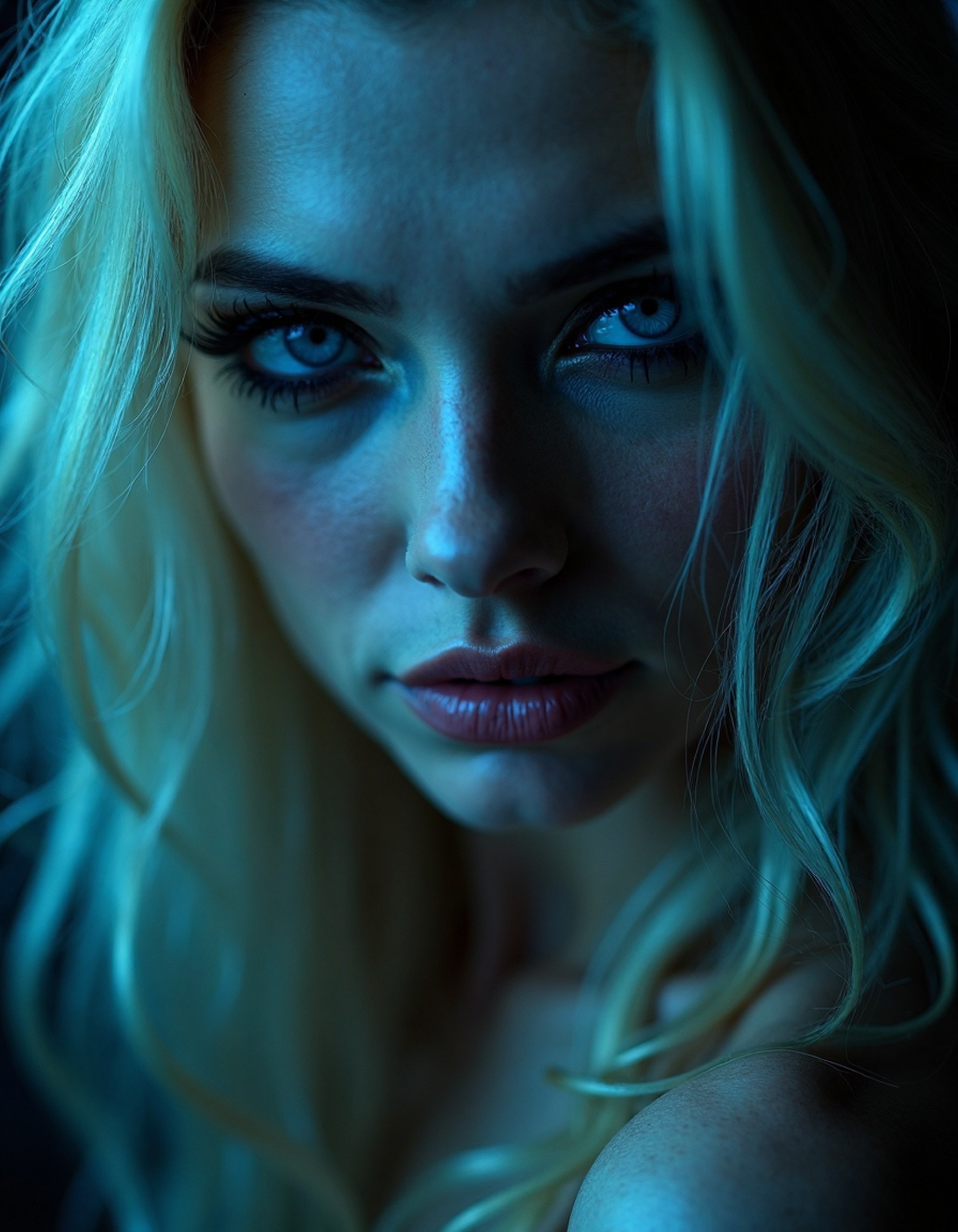 (dark mood masterpiece Photography:1.2), portrait of a mysterious woman with blue eyes and bold eyeliner looking seductively, smirking, naughty expression, long wavy blonde hair. The extreme realism focuses on her detailed skin, showing fine textures and natural highlights. photography masterpiece, modern, irresistible beauty, fuzzy lighting, dark mood, unusual composition, use of negative space, (rule of thirds composition), simmetry , mysteriouse, emotional, flirting, (fine erotic content:0.65), groundbreaking unrivaled opus with unrivaled details, (Primary Blue color scheme), highly detailed, melancholic, low-light hyper detailed photography, catchlights, from below, studio shot,medium full shot,style by chris leib,canon 5d mark 4