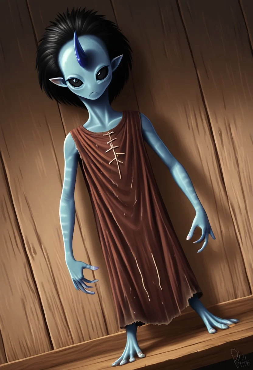 ((Alien humanoid)), solo, androgynous, aquatic features 
blue skin, ((webbed skin between fingers)),
((No nose)):1.3, ((nostrils only, nostril slits, vertical nasal slits, narrow nostrils)):1.6, ((narrow eyes)), ((black sclera, black irises)), smooth skin,  pointy ears, small ears, tiny ears, holes in skin, forehead horn, short horn, veiny horn, ((single horn)):1.0, ((4 fingers)), fingernails, thin lips, ((black hair)), ((short hair, spiky hair)), sharp teeth, ((digitigrade legs)), bent legs,
full body shot
ragged clothes, muddy clothes, loincloth, tunic, dirty
Medieval style, fantasy style,
((Variety)):1.2
((dutch angle))
river background
fully clothed, loose clothing, clean lines, smooth colors, detailed fingers, sfw, style: kurtz, source: realistic, rating: pg, score: 8 up, score: 9