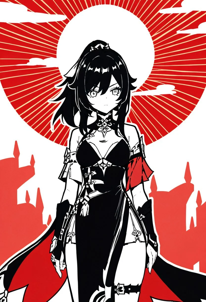 masterpiece, best quality, red sun style, 1girl, genshin impact, holding weapons