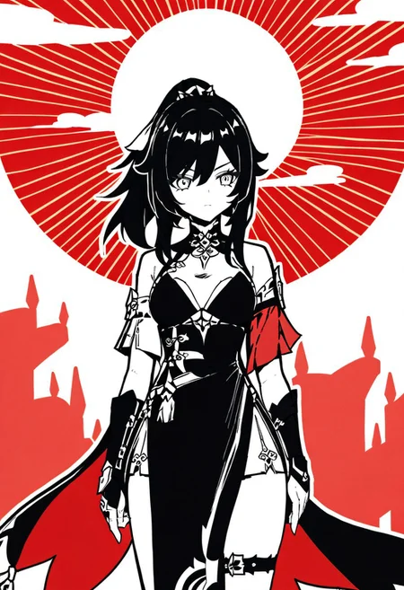 masterpiece, best quality, red sun style, 1girl, genshin impact, holding weapons