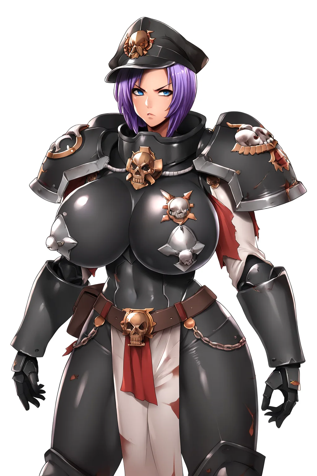 score_9, source_anime, score_8_up, score_7_up, 1girl, solo, simple background, <lora:KarrynCE_Ver2:.8> KarrynCE, purple hair, short hair, blue eyes, huge breasts,  <lora:edgAdeptaSororitasPonyv1:0.8> edgAdepta,wearing edgAdepta,power armor,shoulder armor,skull emblem, peaked cap