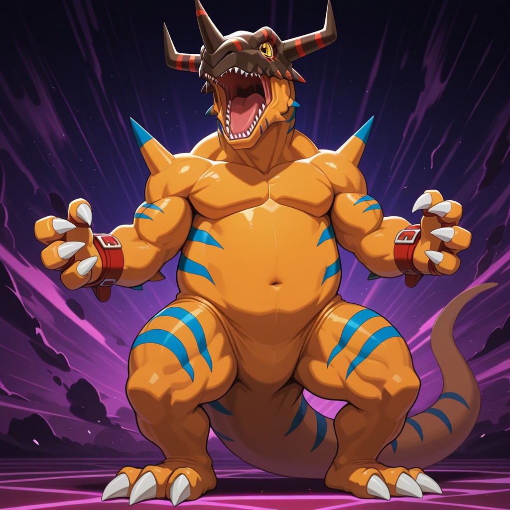 2d, solo, Geogreymon, Digimon (creature), reptile, scalie, dinosaur, orange skin, blue stripes, spikes, claws, toe claws, yellow eyes, red bracers, brown and red helmet, horns, sharp teeth, tail, plump muscular body, thick and plump thighs,
BREAK standing, open mouth, roaring, abstract background 
BREAK best quality, amazing quality, very aesthetic, absurdres, newest, masterpiece