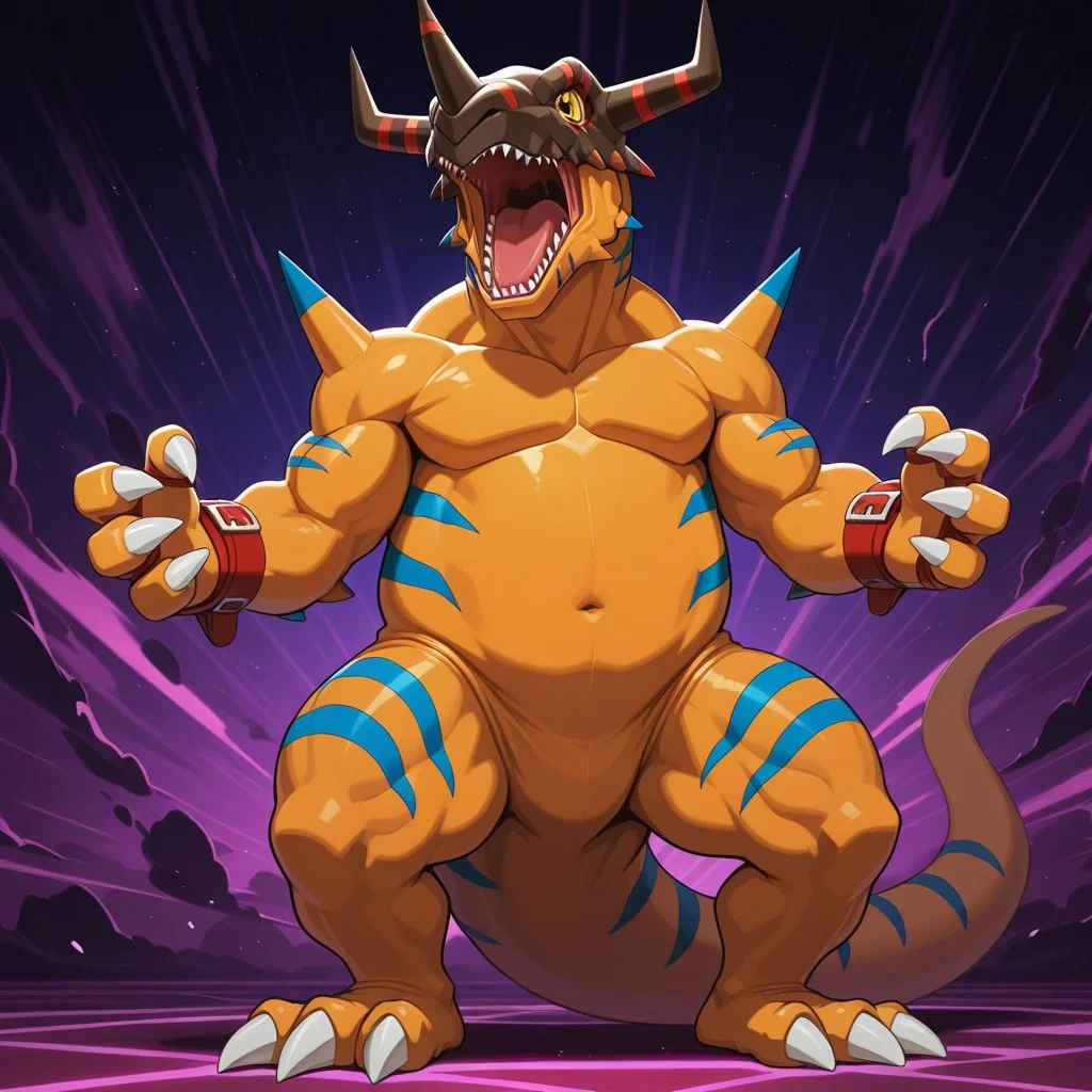 2d, solo, Geogreymon, Digimon (creature), reptile, scalie, dinosaur, orange skin, blue stripes, spikes, claws, toe claws, yellow eyes, red bracers, brown and red helmet, horns, sharp teeth, tail, plump muscular body, thick and plump thighs,
BREAK standing, open mouth, roaring, abstract background
BREAK best quality, amazing quality, very aesthetic, absurdres, newest, masterpiece