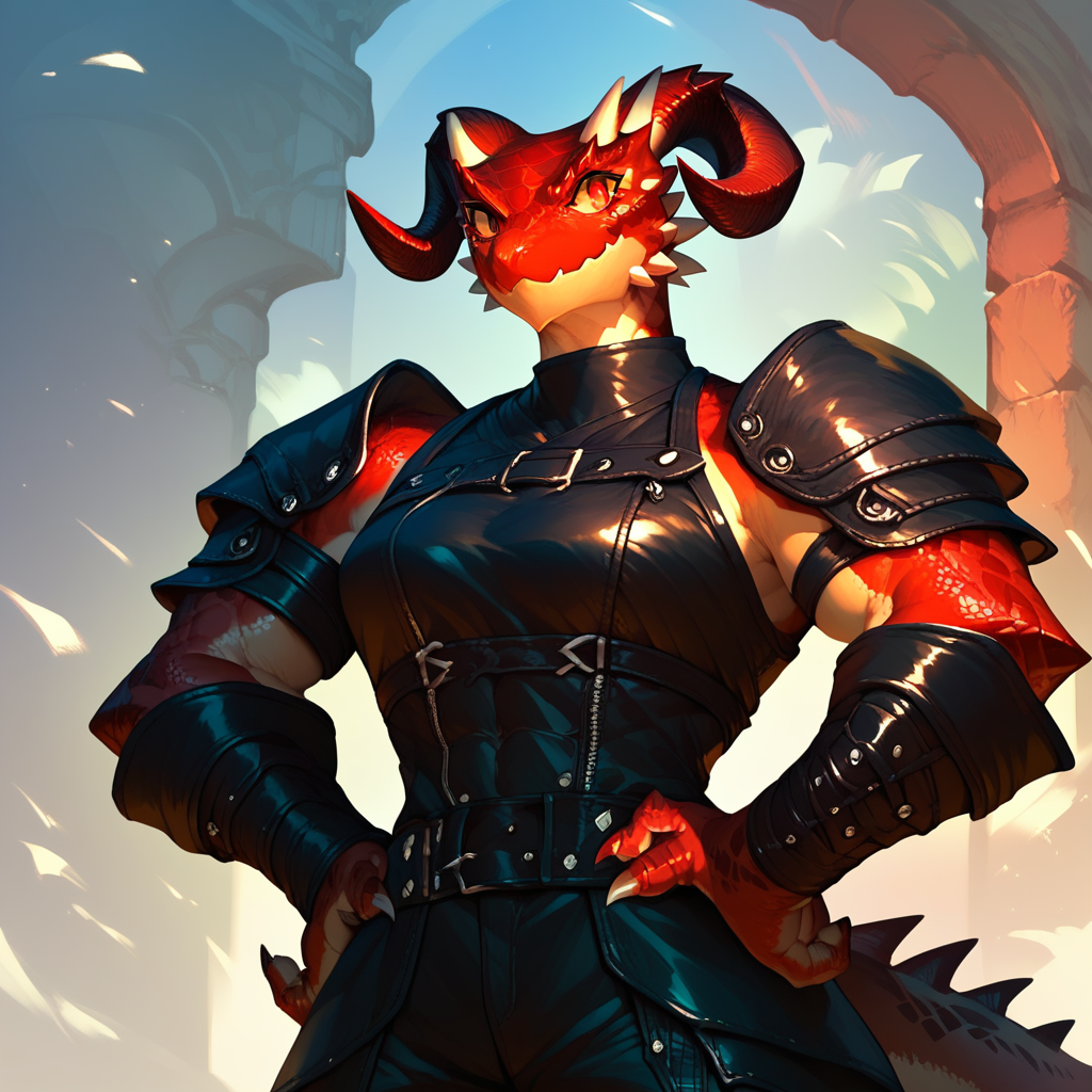 Score_9, score_8_up, score_7_up, aegis, scalie, red two toned skin, red eyes, horns, standing, outdoors, wearing leather barbarians garbs, hands on hips, smiling,