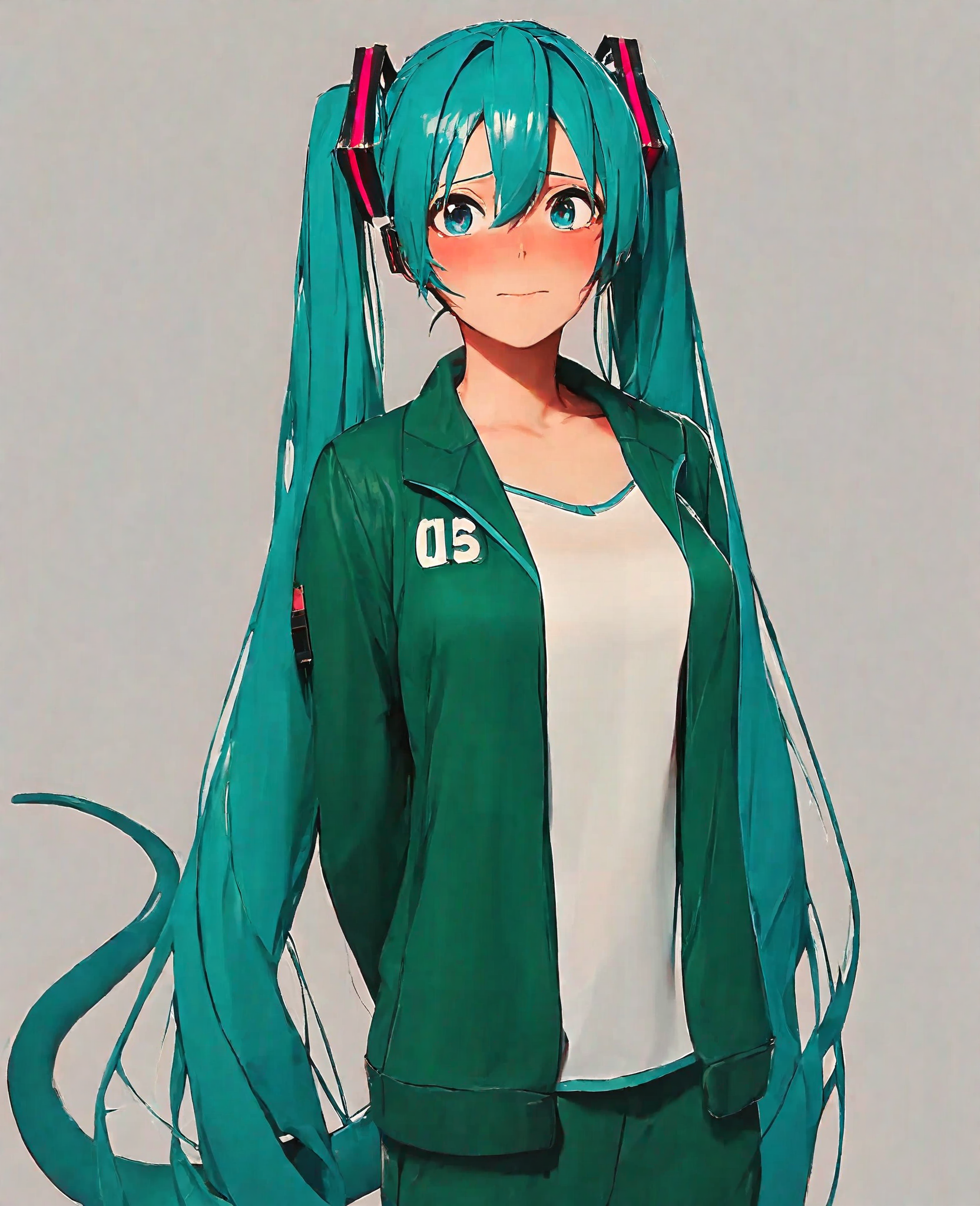 <lora:add-detail-xl:1>, <lora:squidGameOutfit-10>,  <lora:StS_PonyXL_Detail_Slider_v1.4_iteration_3:4>, score_8_up, score_7_up, score_6_up, source_anime, light grey background, simple background, digital drawing, drop shadow, 1girl, solo, hatsune miku, blue hair, very long hair, blue eyes, medium breats, embarrassed, closed mouth, hands behind back, looking at viewer, squidgamesoutfit, green jacket, white shirt, green pants, tail