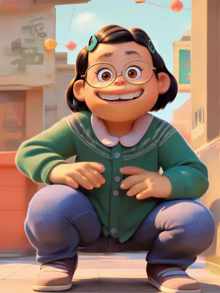 <lora:Mai_lee:0.9> m_l, 1girl, small body, plump, brown eyes, short hair, black hair, glasses, mint hairpin, looking at viewer, squatting, front view, spreading legs, jeans, score_9, score_8_up, score_7_up,