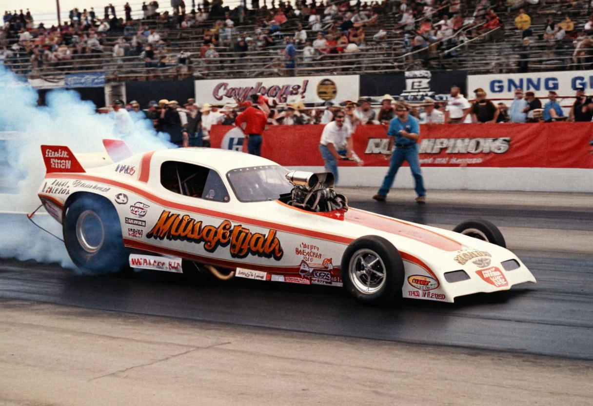 VintageMuscleCar, dragster, side view, race track, smoke trail, people, outdoors, 4K, highly detailed, (stylish grainy analog 35mm film photo)