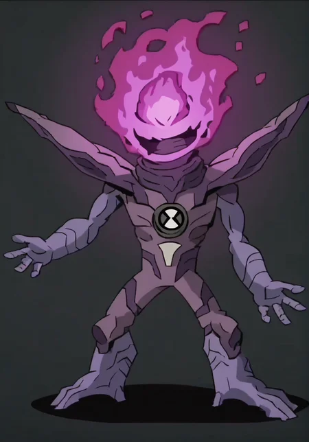 score_9, score_8_up, score_7_up, screencap,   <lora:ben10-09:1> ben10, solo, no humans, full body, bodysuit, badge,detailed background,  <lora:Beheaded_Animated_trailer_ver-000009:1> Beheaded_(Dead_cells), Head made of pink fire, one eye, No mouth, purple skin