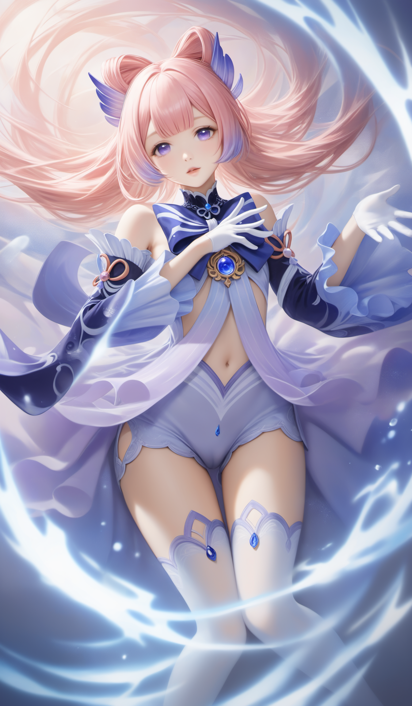 (genshin impact)kokomi sangonomiya, long hair, bangs, hair ornament, purple eyes, pink hair, sidelocks, multicolored hair, blunt bangs, gradient hair, bow-shaped hair,thighhighs, gloves, long sleeves, bow, frills, detached sleeves, shorts, white gloves, wide sleeves, bowtie, white thighhighs, frilled sleeves, vision \(genshin impact\),
(Best quality,masterpiece,absurdres,ultra realistic:1.4),(Rococo:1.4),(close portrait:1.3),(((photo raw)),),peerlessly , beautiful detailed eyes,(see-through_clothing),(Elegant),shine,glowing,sparkling,energy coalescing and vibrating,(dynamic angle,dynamic pose),full_body,lie_down,nsfw, topless, nude,charming,alluring,seductive,enchanting,cleavage,exposed,(Dream_wave:1.22),
(Around floating colorful rocks:1.4)the most beautiful form of chaos,(square:1.4),(colorful herbs:1),
naked young woman (licking penis, cum:1.4)  in bedroom ,  (huge breasts:1.3),