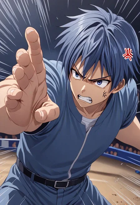 high resolution, solo, best quality, 1Boy, Tomoya Okazaki, Grey Blue Hair, anger, fight, OverallDetail