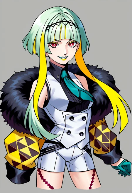 score_9, score_8_up, score_7_up, source_anime BREAK solo, 1girl, <lora:zs_KanekoStyleXL_1:1>, kanekostyle, lipstick, eye shadow, eyelashes, <lora:Ringo-pdxl_Fp:1>, ringosh2, short hair with long locks, green hair, multicolored hair, red eyes, hairband, white vest, white shorts, gloves, necktie, smile, shirt, body markings, sleeveless, collared shirt, jacket, cropped jacket, fur trim, off shoulder,