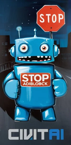 retro poster
dystopian propaganda poster displaying a angry blue robot with big eye hold red (round label:1.2) "STOP ADBLOCK" in hands dark night city street with many ADs on BG  <lora:LojkinXL:0.8> oil paint, painting