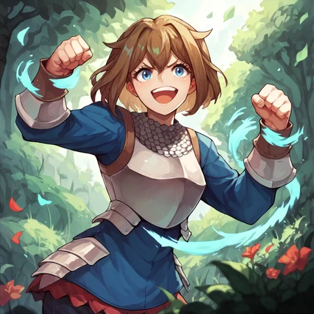 score_9, score_8_up, score_7_up, score_6_up, score_5_up, score_4_up, A girl standing in a forest, <lora:Chloe_Unicorn_Overlord_XL:1> chloe, unicorn_overlord, brown hair, short hair, blue eyes, armor, cheering, fist pump,