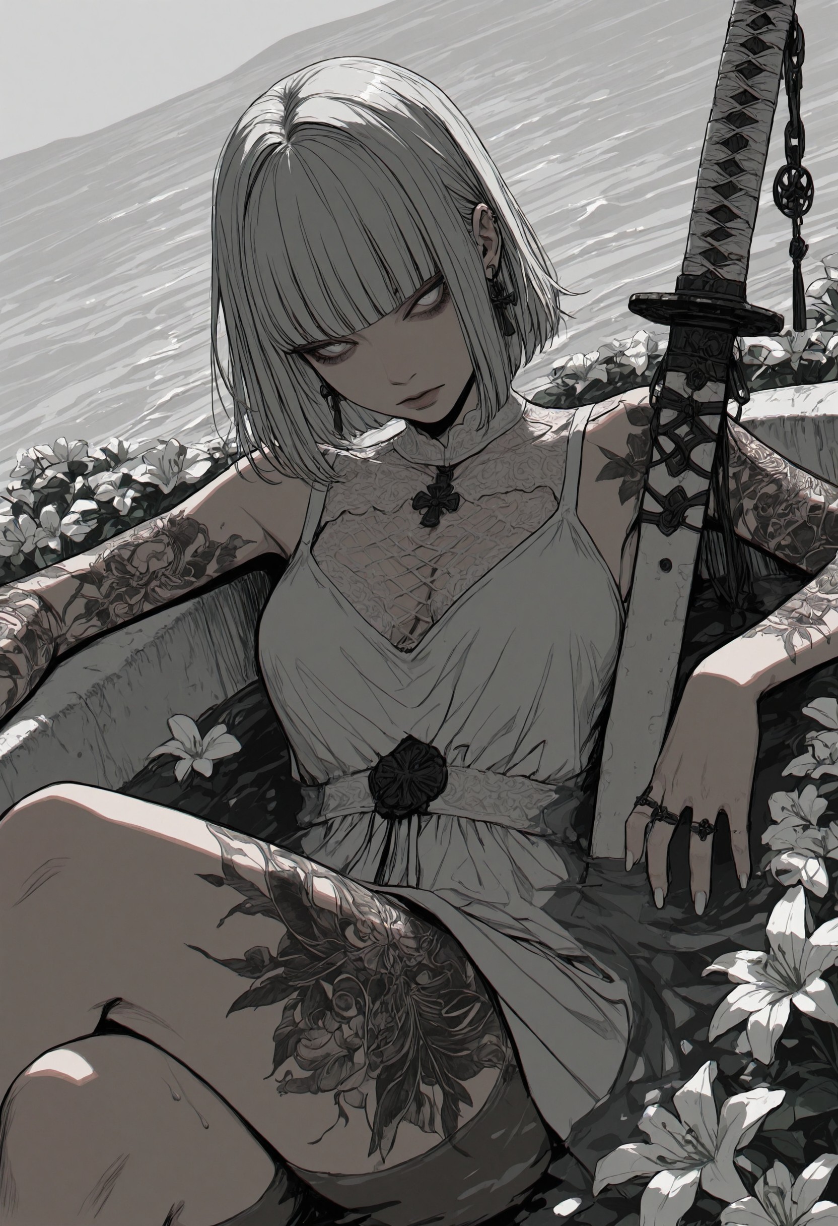 sinner2, 1girl, weapon, solo, sword, sheath, holding sheath, white hair, jewelry, sitting, tattoo, black nails, bangs, flower, white eyes, blunt bangs, earrings, looking at viewer, white dress, dress, crossed legs, ring, grey eyes, water, medium hair, breasts, leg tattoo, fingernails, white theme, closed mouth, white nails, short hair, partially submerged, chromatic aberration, detailed lighting, dynamic angle, masterpiece, best quality, beautifully drawn, elegantly detailed, 8k, newest, sinner2, kttw2, , <lora:93c134cc-97e6-4e59-b3aa-eb026cc9598c:0.9>