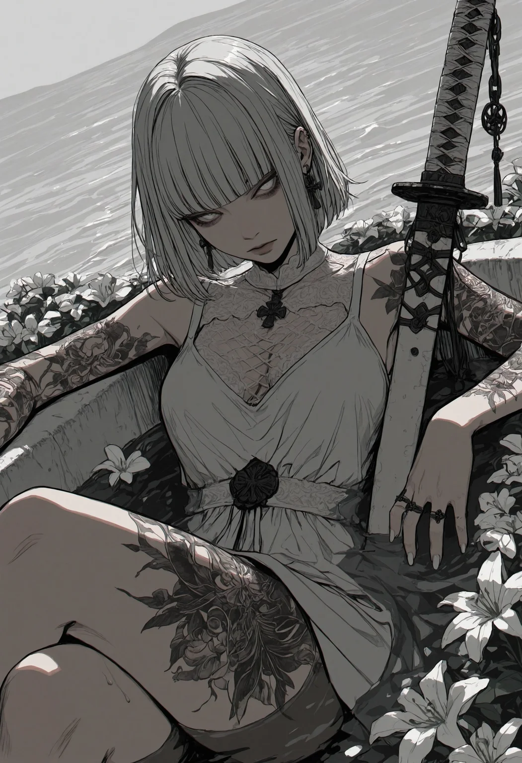 sinner2, 1girl, weapon, solo, sword, sheath, holding sheath, white hair, jewelry, sitting, tattoo, black nails, bangs, flower, white eyes, blunt bangs, earrings, looking at viewer, white dress, dress, crossed legs, ring, grey eyes, water, medium hair, breasts, leg tattoo, fingernails, white theme, closed mouth, white nails, short hair, partially submerged, chromatic aberration, detailed lighting, dynamic angle, masterpiece, best quality, beautifully drawn, elegantly detailed, 8k, newest, sinner2, kttw2, , <lora:93c134cc-97e6-4e59-b3aa-eb026cc9598c:0.9>