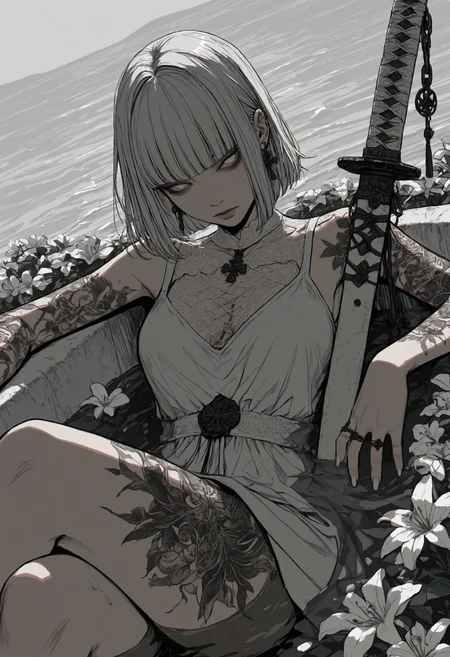sinner2, 1girl, weapon, solo, sword, sheath, holding sheath, white hair, jewelry, sitting, tattoo, black nails, bangs, flower, white eyes, blunt bangs, earrings, looking at viewer, white dress, dress, crossed legs, ring, grey eyes, water, medium hair, breasts, leg tattoo, fingernails, white theme, closed mouth, white nails, short hair, partially submerged, chromatic aberration, detailed lighting, dynamic angle, masterpiece, best quality, beautifully drawn, elegantly detailed, 8k, newest, sinner2, kttw2, , <lora:93c134cc-97e6-4e59-b3aa-eb026cc9598c:0.9>