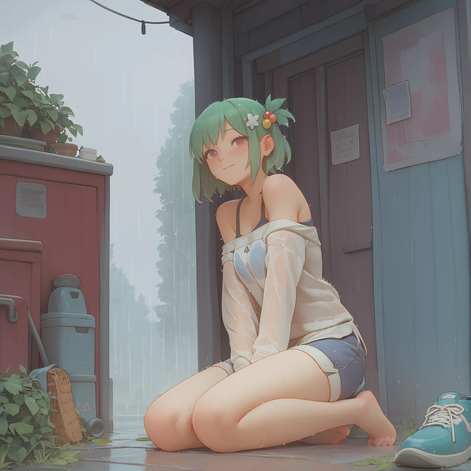 score_9,score_8_up,score_7_up,score_6_up,source anime,1girl,girl on ground, light smile, blush,, outdoors, rain, medium hair, green hair, hair ornament, wet, shorts,
<lora:bartolomeobari_h2_v1:1>