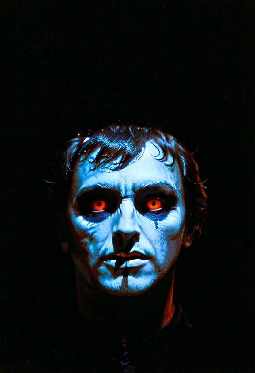 A shadowy silhouette with glowing eyes is standing in a dark room. The darkness of the room and the man's eyes create a striking contrast, drawing attention to the subject. The man is the main focus of the image, and his presence in the dark room adds an element of mystery and intrigue. 1970s horror film