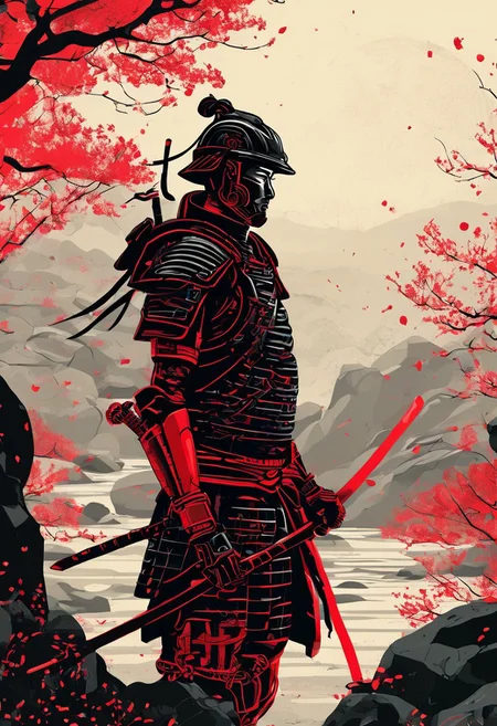 Japanese Samurai warrior in armor, zen garden, spring, sunshine, sakura, meditation, stream, rock garden,
black and red color palette, cybernetic design, futuristic elements, bold lines, flat colors, simple details, retro-futuristic vibe