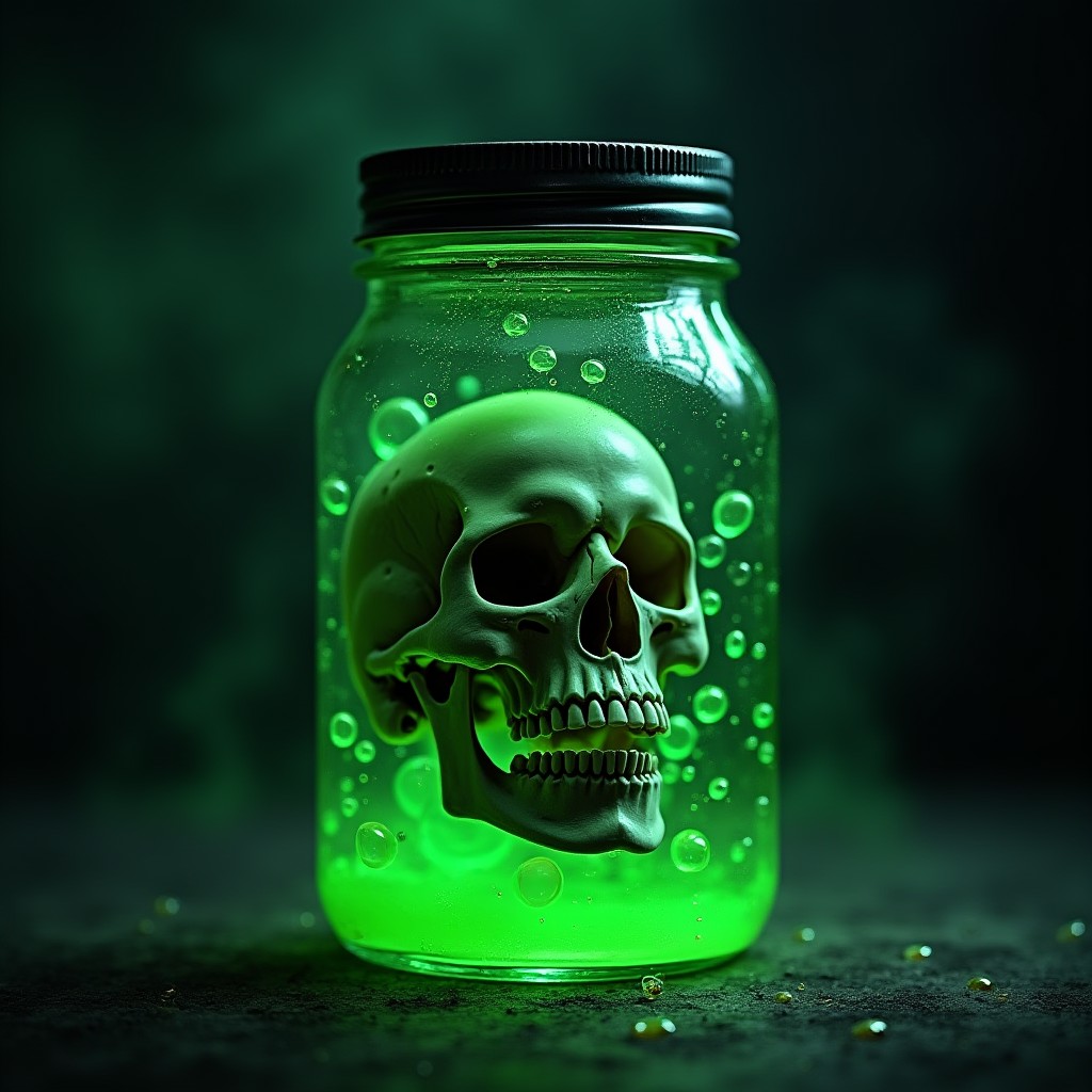 A jar filled with green poison, bubbles, a skull in the jar, label, necromantic glow, magic glow, photorealistic, best quality,