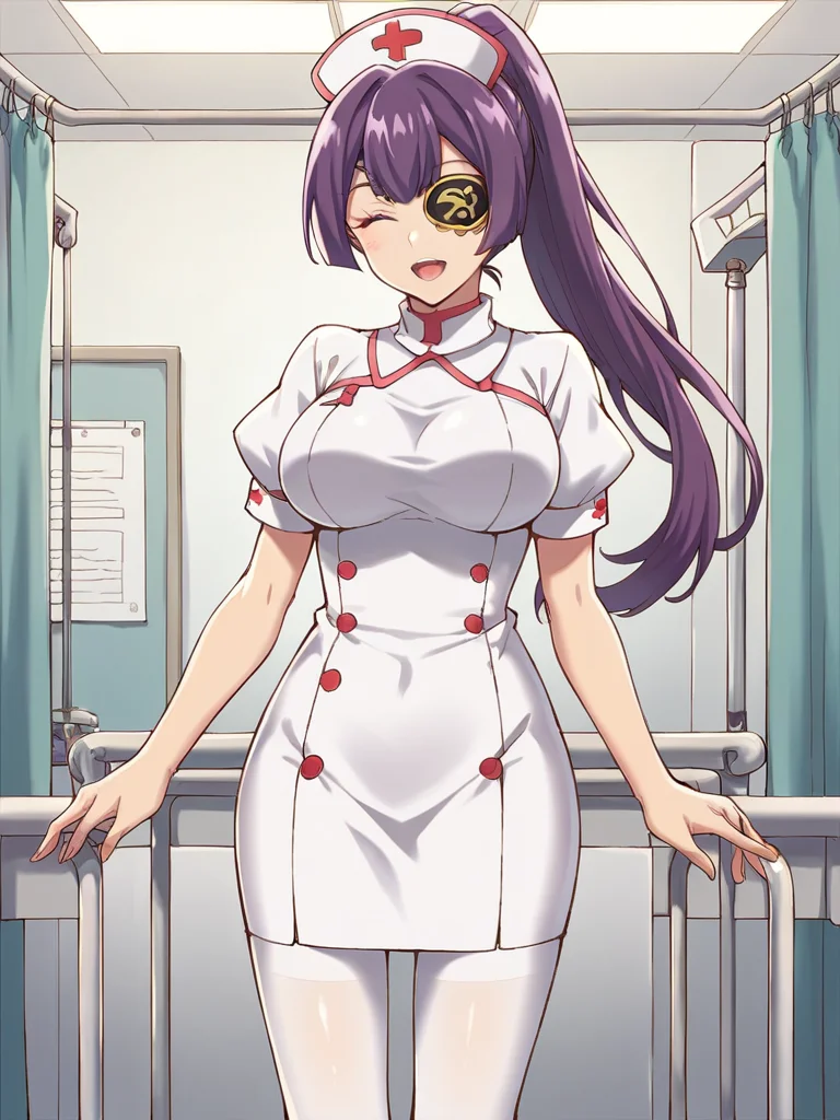 score_9, score_8_up, score_7_up,  
1girl, simone rf, purple hair, eyepatch, red eyes, long ponytail, large breasts, solo,
standing, closed eyes, smile, open mouth, hospital room, nurse, white dress, short dress, white pantyhose, puffy short sleeves, nurse cap, 