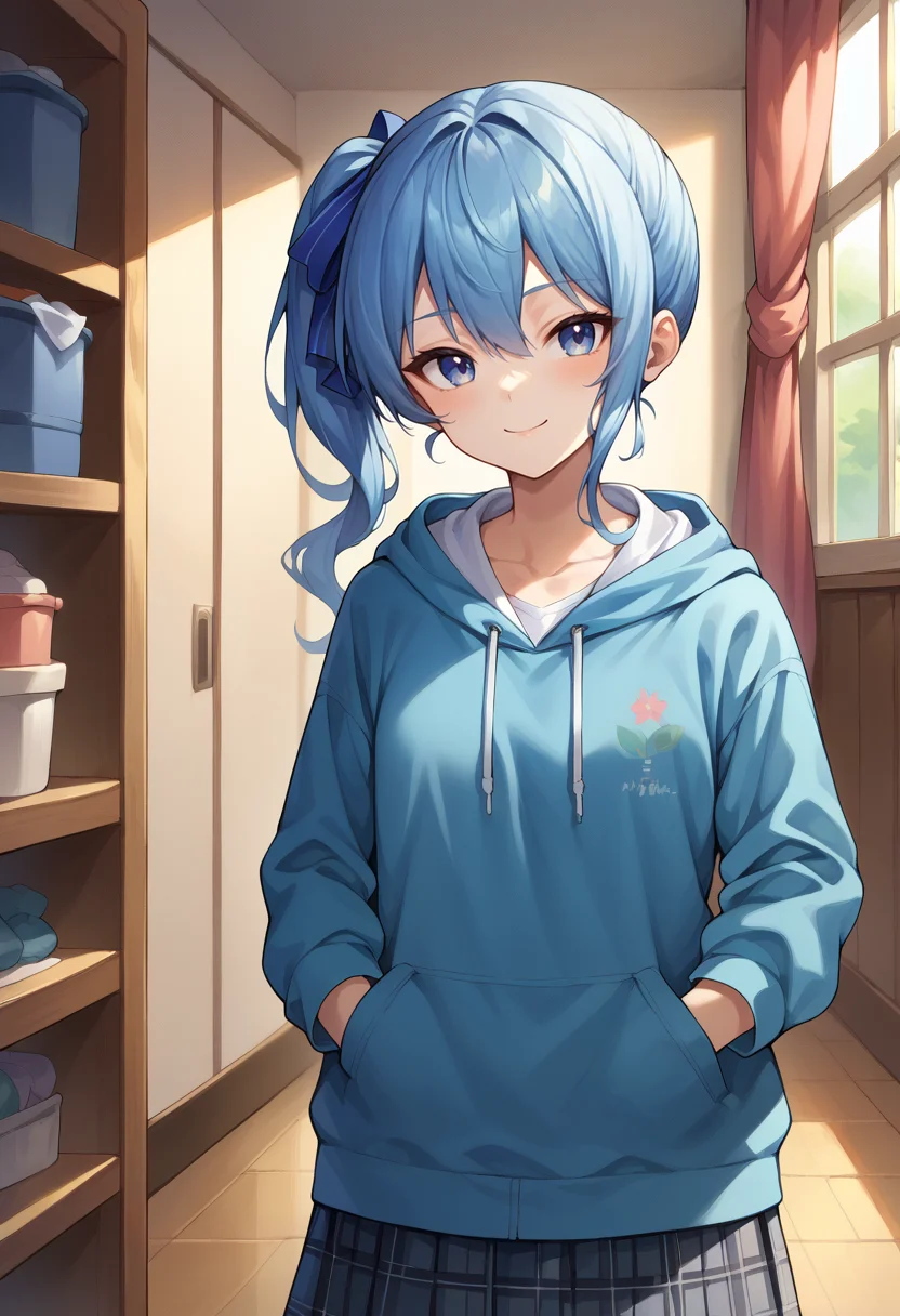 score_9, score_8_up, score_7_up, HoshimachiSuisei, side ponytail, blue hair ribbon, indoors, plaid skirt, hoodie, smile, hands in pockets, <lora:CHAR-HoshimachiSuiseiPonyXL:1>