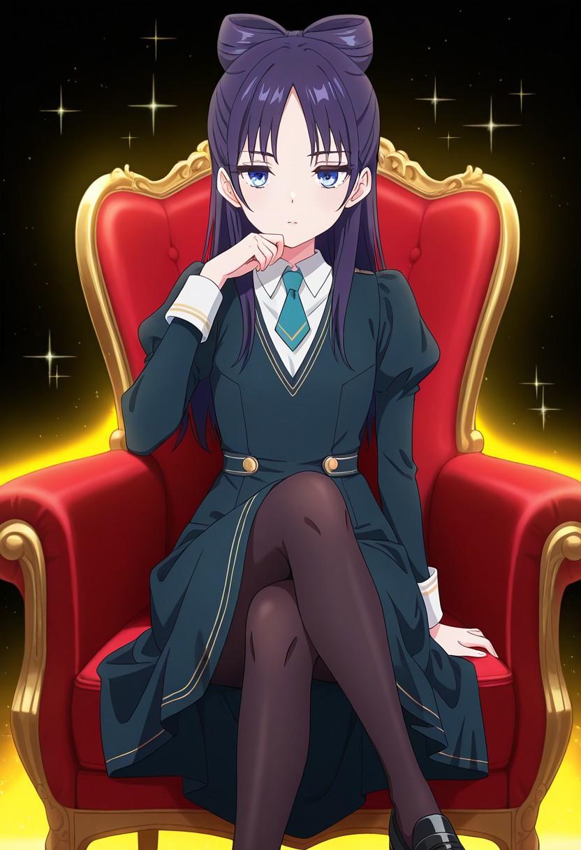 straight-on, (absurdres, best quality, masterpiece:1.4), amazing quality, highres, newest, detailed, detailed body, detailed face, source anime, anime coloring, beautiful, dark background, petite, on fancy red chair, sitting, yellow light ray, crossed legs, hand on chair, hand to own chin, downturned eyes, looking ahead, sparkles,
BREAK
WWNemu, 1girl, solo, stoic, NemuAniHu, dark purple hair, bow-shaped hair, parted bangs, half updo, blue eyes, v-neck dress, white inner collared shirt, Short necktie, juliet sleeves, long skirt, black pantyhose, black shoes,
