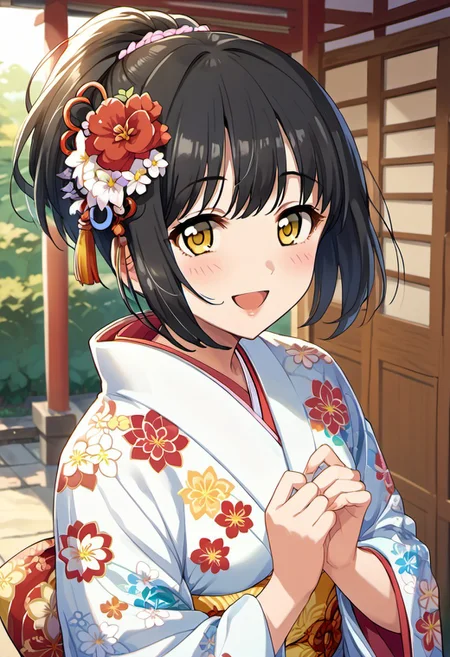 score_9, score_8_up, score_7_up, source_anime, takafuji kako, black hair, yellow eyes, short hair, 1girl, japanese clothes, hair ornament, kimono, solo, smile, hair flower, flower, omikuji, open mouth, ponytail, blush