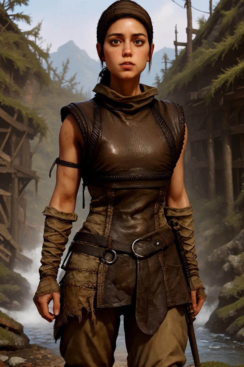 1 girl, <lora:Senua2_lora:0.8> senua, brown hair,long hair,ponytail,armor,pants,dirty face,looking at viewer,in a forest,, <lora:detailed_notrigger:1> zPDXL2, PonyXLV6_Scores, <lora:Hyper-SDXL-8steps-lora:1>