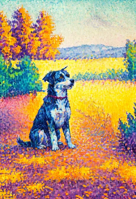 An illustration of a cute dog, vibrant field background, pointllism