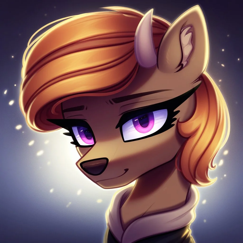 masterpiece, score_9_up, score_8_up, score_7_up, (best quality:1.1), ultra-detailed, high resolution, 1character, solo, Viira Lehtola, deer, doe, feral, female, mlp, (((beautiful detailed purple eyes))), slightly narrowed eyes, long eyelashes, eyebrows, black nose, fluffy deer ears, horn, brown fur, ginger hair, bangs, short hair, black coat, detailed outfit, looking at the viewer, highly Visible, portrait, sharp focus, perfect lighting, shadow, anatomically correct, extremely detailed, high detail, expressiveh, simple black background