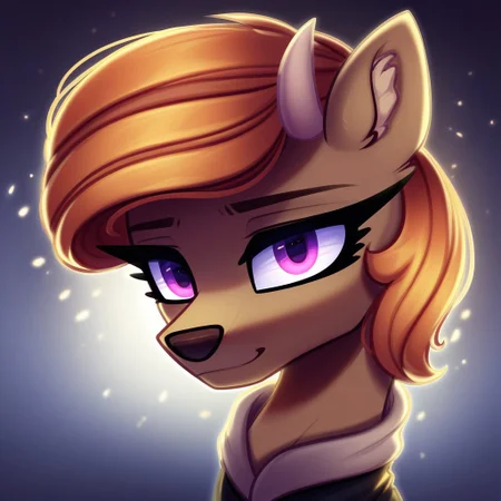 masterpiece, score_9_up, score_8_up, score_7_up, (best quality:1.1), ultra-detailed, high resolution, 1character, solo, Viira Lehtola, deer, doe, feral, female, mlp, (((beautiful detailed purple eyes))), slightly narrowed eyes, long eyelashes, eyebrows, black nose, fluffy deer ears, horn, brown fur, ginger hair, bangs, short hair, black coat, detailed outfit, looking at the viewer, highly Visible, portrait, sharp focus, perfect lighting, shadow, anatomically correct, extremely detailed, high detail, expressiveh, simple black background