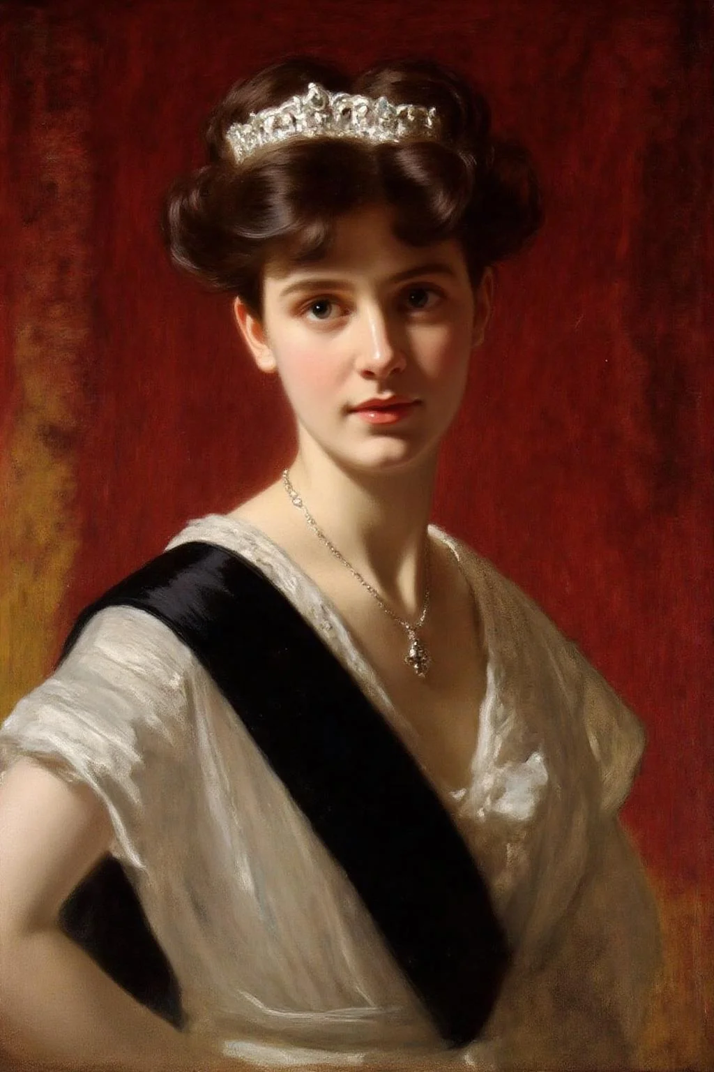 frankowensalisbury1 painting.
A young woman dressed in elegant attire, including a white dress with lace detailing and a black sash draped across her chest. A delicate necklace with a pendant hangs around her neck. Her hair is styled in voluminous curls, and she is adorned with a tiara. The background consists of a rich, warm red curtain. <lora:frankowensalisbury1_cap_d8a4:1.0><lora:863249451010009530:0>