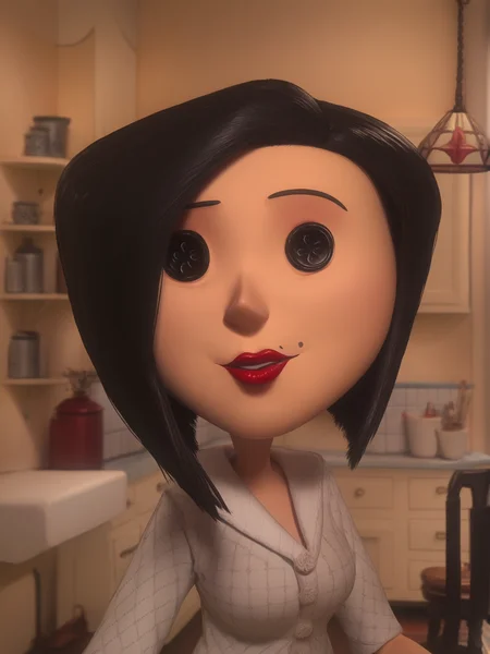 <lora:Other_Mother-Coraline:1>,otm,button eyes,1girl,black hair,mole,mole under mouth,lipstick,mature female,shirt,upper body,looking at viewer,indoors
