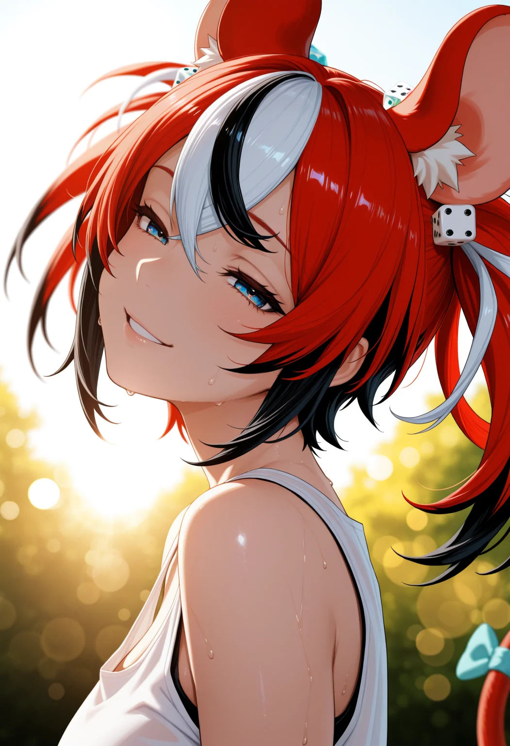 masterpiece, best quality, 1girl, solo, Hak0sB4elz, blue eyes, multicolored hair, red hair, white hair, black hair, uneven twintails, dice hair ornament, animal ears, tail, tail ornament, looking at viewer, portrait, white tank top, sweat, outdoors, depth of field, smile, half-closed eyes, bokeh, bloom, backlighting, lens flare, three quarter view, from side, head tilt, parted lips, <lora:ChamHakosBaelzNoob:1>