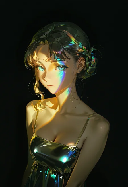 prism light, solo, 1girl, looking at viewer,black background, shadows