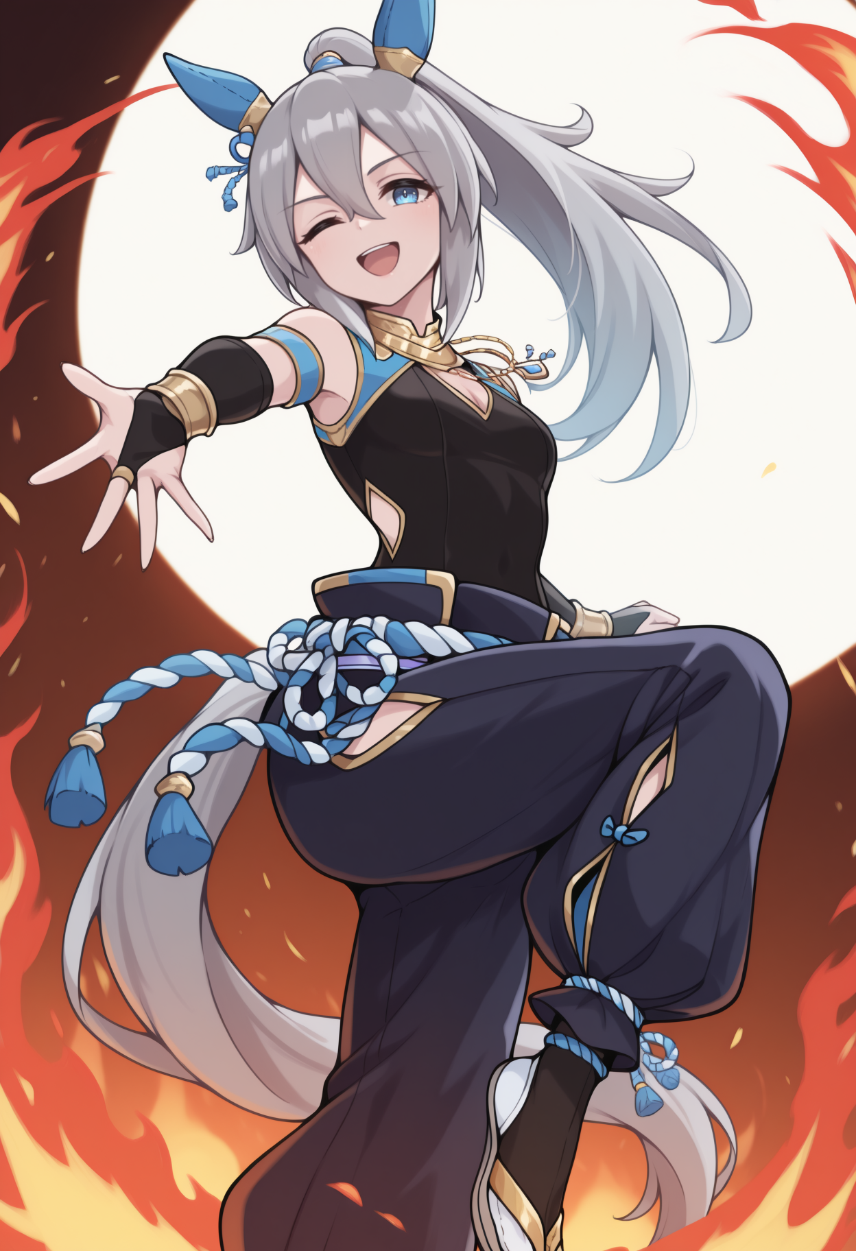 masterpiece, best quality, foot out of frame, solo, 1girl, tmcsfrcs, grey tail, horse tail, :d, looking at viewer, standing on one leg, outstretched arm, long hair, grey hair, hair between eyes, ponytail, animal ears, ear covers, blue eyes, one eye closed, black shirt, sleeveless shirt, clothing cutout, side cutout, armlet, black gloves, bridal gauntlets, blue pants, baggy pants, rope, shimenawa, necklace, bracelet, fire, backlighting
<segment:yolo-Anzhc Face seg 640 v2 y8n.pt,0.4,0.5//cid=1>