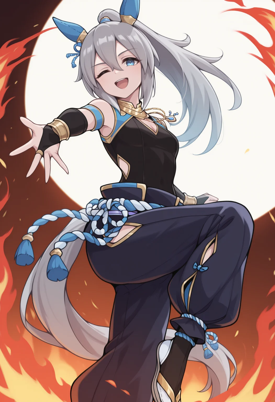 masterpiece, best quality, foot out of frame, solo, 1girl, tmcsfrcs, grey tail, horse tail, :d, looking at viewer, standing on one leg, outstretched arm, long hair, grey hair, hair between eyes, ponytail, animal ears, ear covers, blue eyes, one eye closed, black shirt, sleeveless shirt, clothing cutout, side cutout, armlet, black gloves, bridal gauntlets, blue pants, baggy pants, rope, shimenawa, necklace, bracelet, fire, backlighting
<segment:yolo-Anzhc Face seg 640 v2 y8n.pt,0.4,0.5//cid=1>