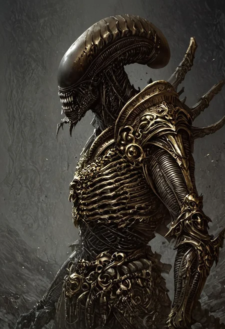 score_9, score_8_up, score_7_up, score_6_up, score_5_up, score_4_up,<lora:Fant5yP0ny:0.8>, xenomorphic creature from Lords of the Fallen, black templar armor, gold sword of Pieta, solo, gold eyes, blood on face, art by hr giger, ornamental armor