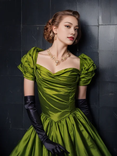 1girl, <lora:DA_CindKateDress_pony_v1:1> satin green dress, satin gloves, bolero, short sleeves, dark empty room, big black metal tiles wall,
(score_9, score_8_up:1.1),score_7_up,score_6,raw photo, photorealistic, realistic, slim body, small breast, wide shoulder,