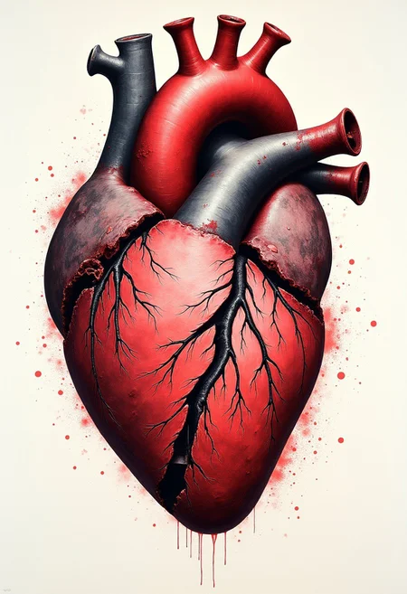 screenprint, text "love is pain", absctract, visible dots, broken red heart, anatomically correct heart