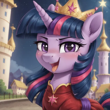 score_9, score_8_up, score_7_up, score_6_up, score_5_up, score_4_up, g4, pony, feral pony, twilight sparkle, crown, smile, happy, open mouth, tongue, saliva, dress, look at you, canterlot, night, blushing, cute, glare, high res,