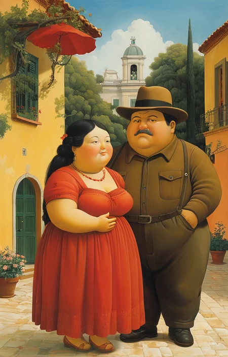 masterpiece,best quality,<lora:tbh145-sdxl:0.7>,lovers,illustration,style of Fernando Botero,
