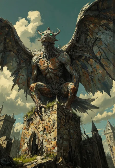 Screen grab from a 1940s dark fantasy movie, wizard of oz style color, occult, Perched atop the crumbling towers of Kriegshalle, the Tearborn Gargoyle, a hulking beast of torn banners and brittle wire, watches over the ruins, its glowing green eyes scanning for intruders as it unfurls its massive, jagged paper wings, raining scraps down upon anyone bold enough to trespass