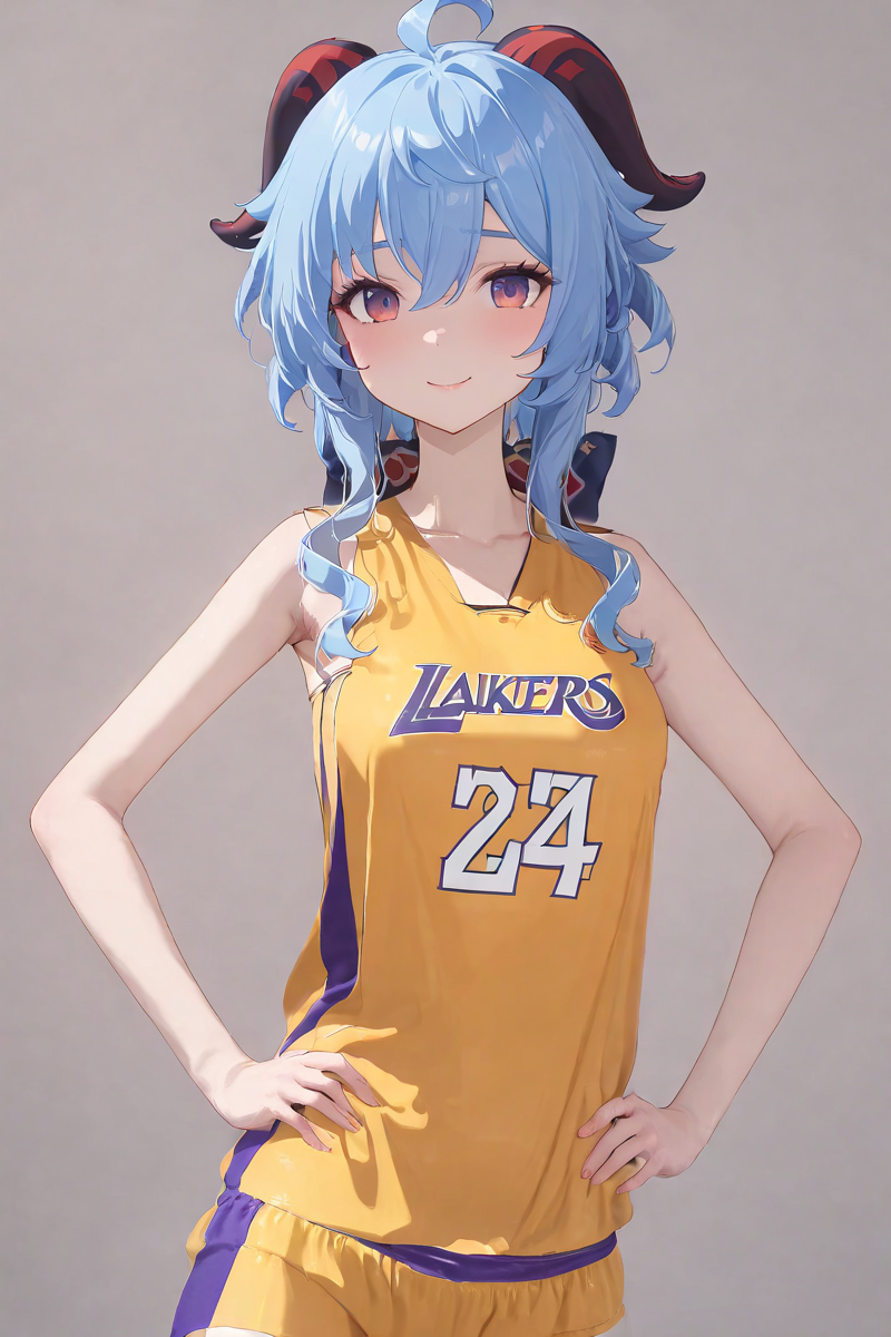 masterpiece, best quality, 1girl, solo,upper body,hands on hips,smile, yellow shirt, basketball uniform, ganyu \(genshin impact\),simple background,  <lora:No.24 jersey_xl:1.5>