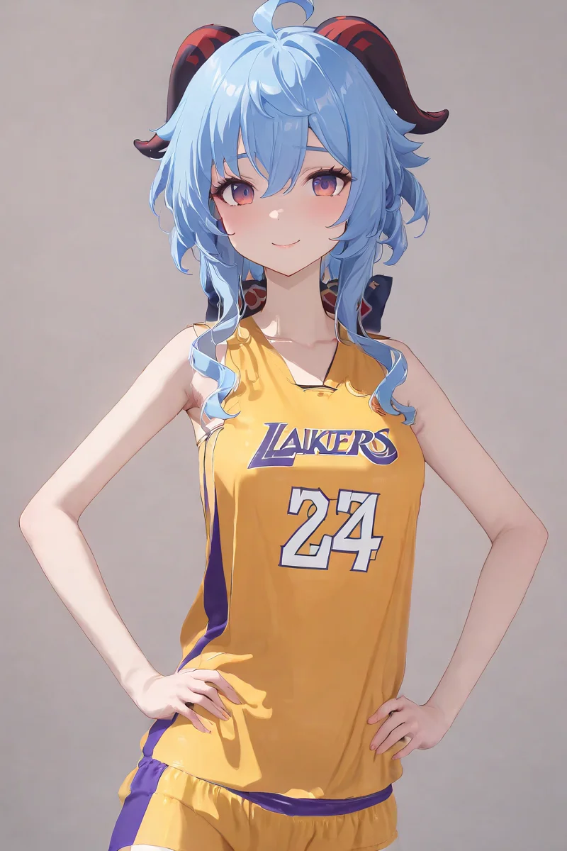 masterpiece, best quality, 1girl, solo,upper body,hands on hips,smile, yellow shirt, basketball uniform, ganyu \(genshin impact\),simple background,  <lora:No.24 jersey_xl:1.5>