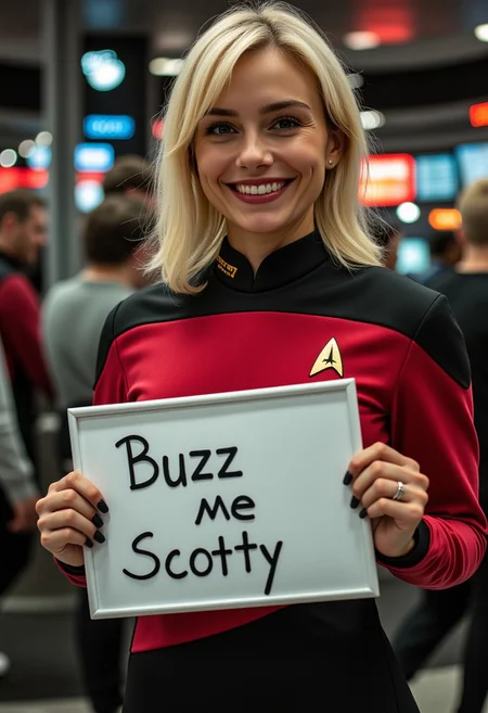 Blonde woman in star trek uniform holding sign that says "buzz me scotty"