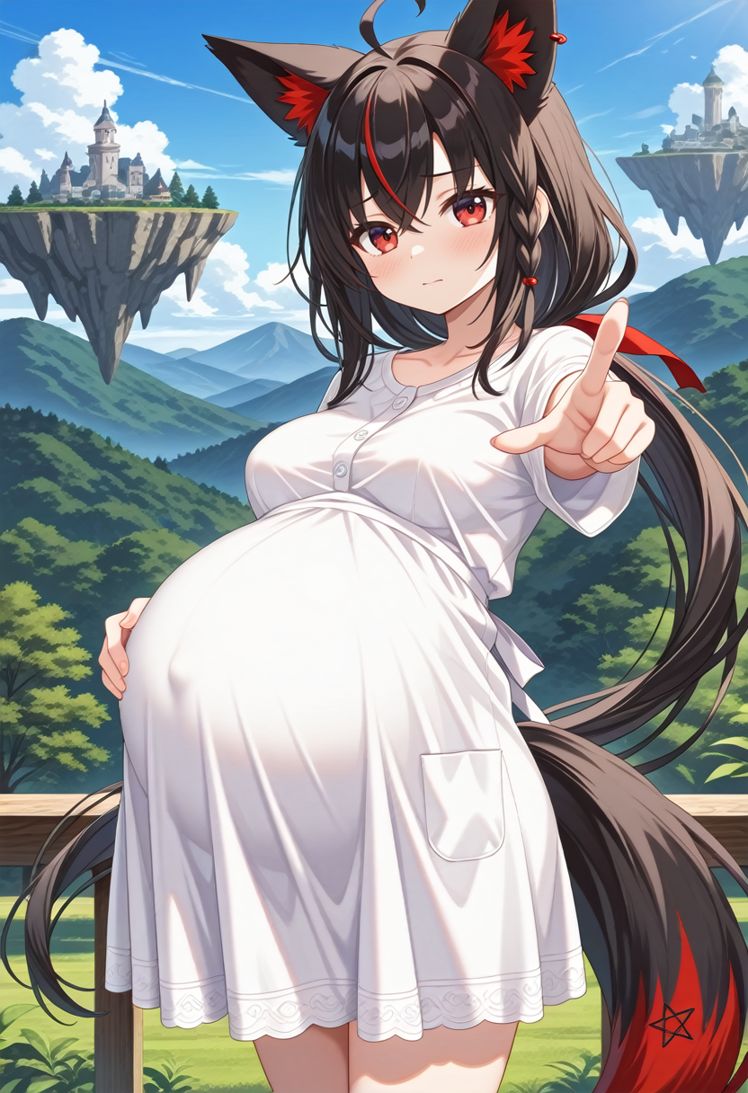 STYLE(comfy++,none) masterpiece, best quality, absurdres, 1girl, [tsukasawa takamatsu:cura, azuuru:0.3], torino aqua, kurokami fubuki, hololive, fox girl, fox ears, animal ear fluff, fox tail, red eyes, hair between eyes, black hair, long hair, red hair, streaked hair, ahoge, sidelocks, single braid, virtual youtuber, earrings, pentagram, medium breasts, pregnant, big belly,  embarrassed, looking afar, hand on own stomach, pointing at viewer, outstretched arm, facing ahead, (leaning back), dynamic pose, knees up, cowboy shot,  day, nature, floating island, <lora:Pregnancy_Slider:1> <lora:pregnant_clte_v2:1> <lora:dmd2_sdxl_4step_lora_fp16:1>