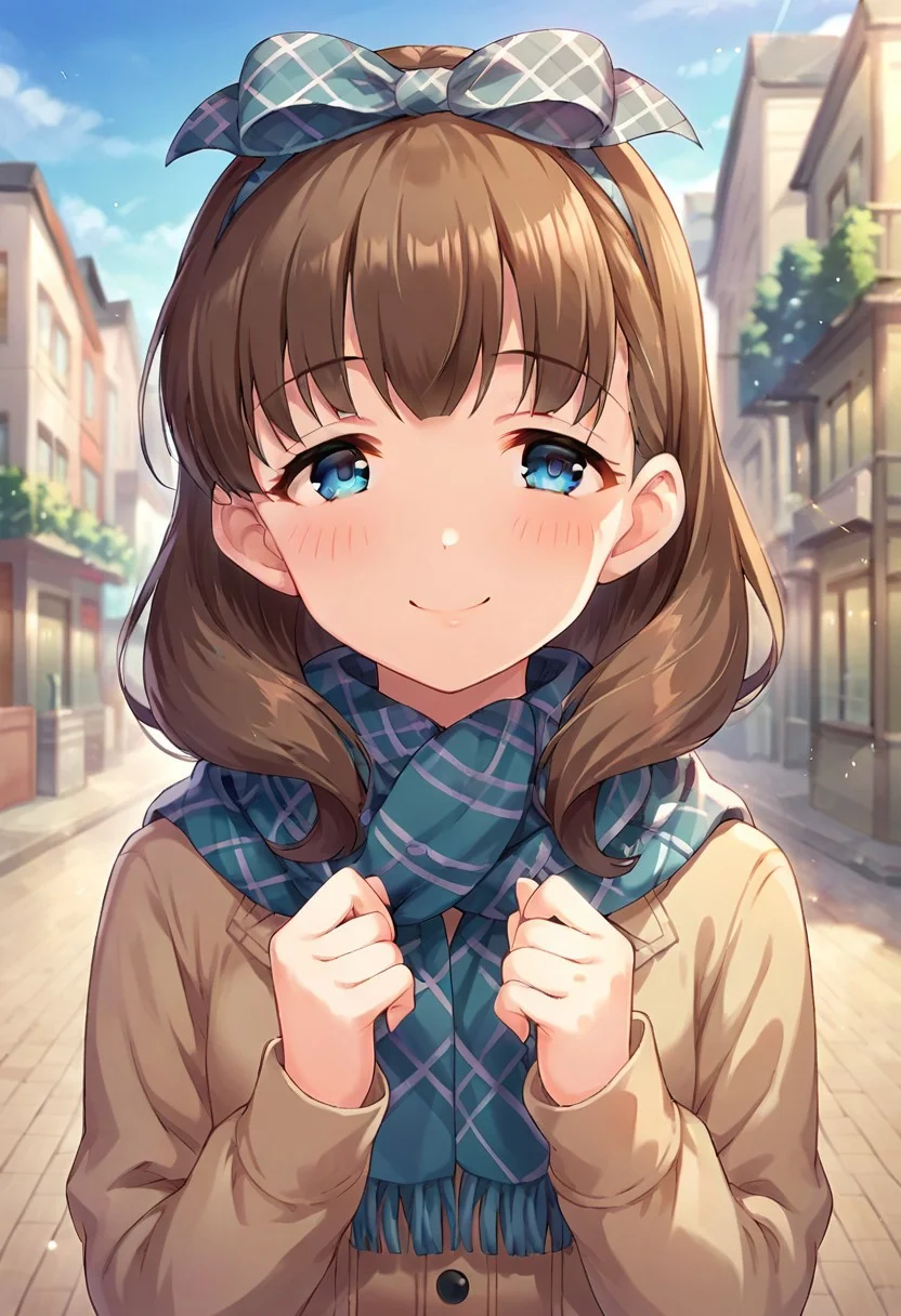 score_9, score_8_up, score_7_up, source_anime,sakuma mayu, brown hair, blue eyes, 1girl, solo, scarf, blush, looking at viewer, hair bow, outdoors, smile, depth of field, upper body, bow, long sleeves