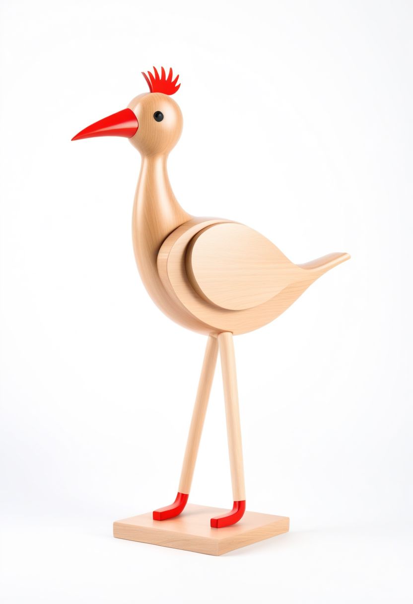 (expert craftsmanship:1.8), (high resolution, product photography, photo studio background:1.2), (modern wooden toy animal, avian creature:1.8), (fine wood, realistic wood material:1.5), (simple form, abstract form, multiple parts:1.9), (finely crafted parts, simple shape, elegant shape, ambiguous shape, stout shape, innocent shape:1.4), (comfortable, playful, friendly:1.5), (tall, lanky, whimsical:1.7), (Bauhaus Design aesthetic:1.7)